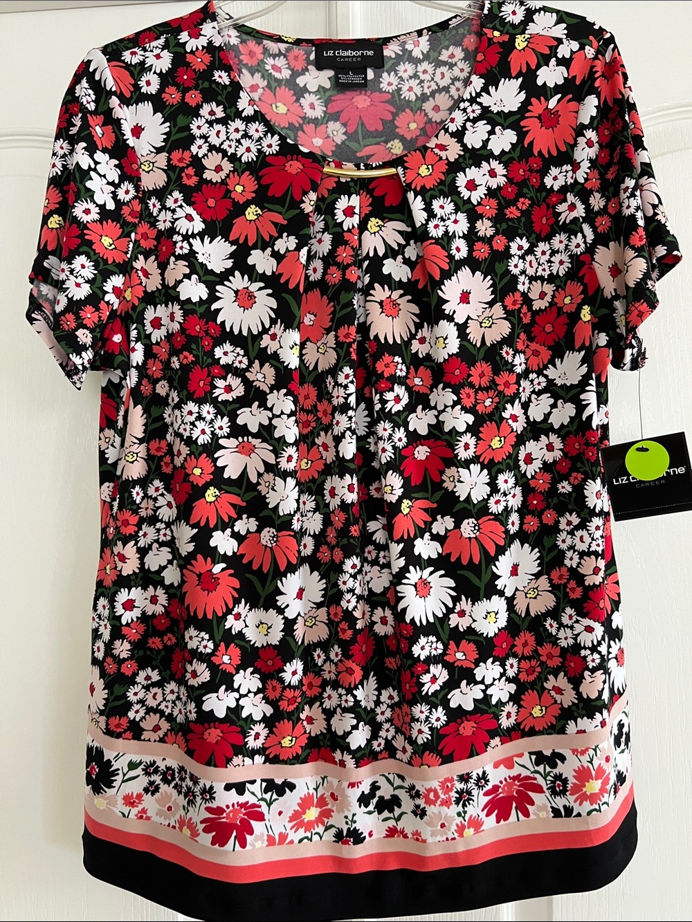 Liz Claiborne Black Floral Short-Sleeve Top - Red & White Flower Print